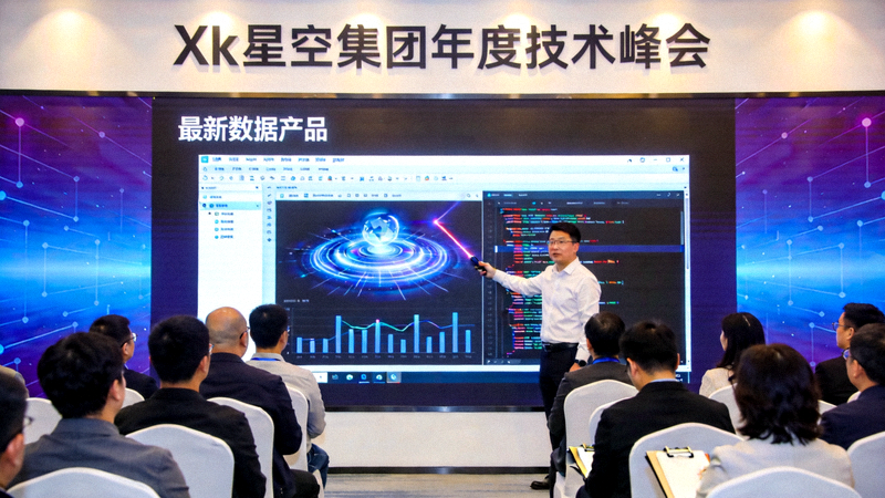 xk星空集团年度技术峰会现场，主讲人在大屏幕前展示最新数据产品